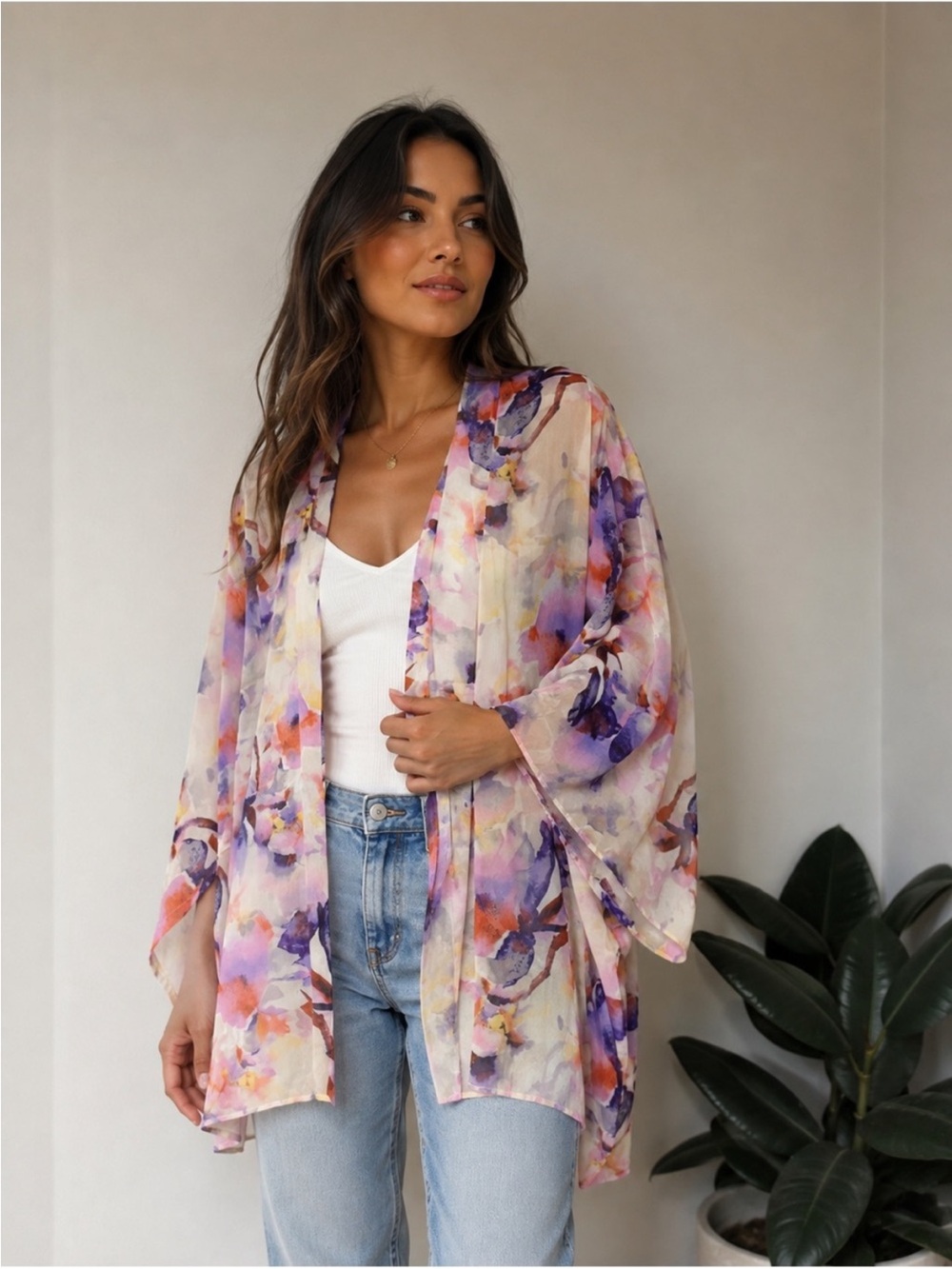 Show Me Your MuMu Sheer Floral Watercolor Kimono - Purple Multi
